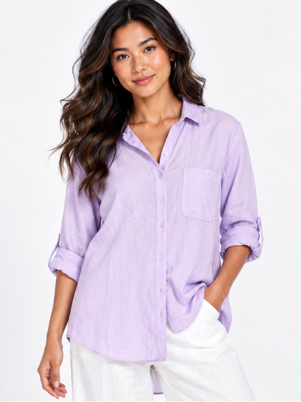Side Stitch Button-Front Tunic with Pocket in the shade Pastel Lilac
